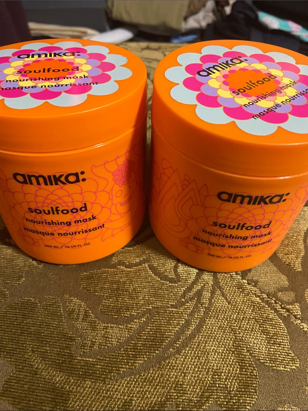 amika Soulfood Nourishing Mask - Bright Orange Jars with Pink Floral Lid